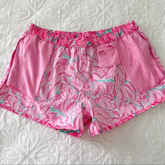 Lauren James Pink Floral Tulip Swim Pocket Water Nylon Athletic Gym Shorts Large - Picture 6 of 7